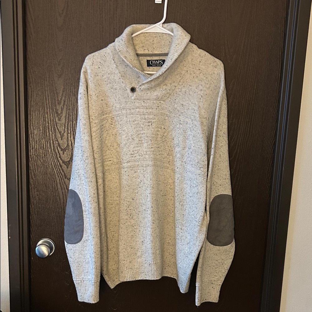 Classic Chaps Men Lt. Gray Shawl Speckled Pullover Knit Sweater Elbow Patch XL